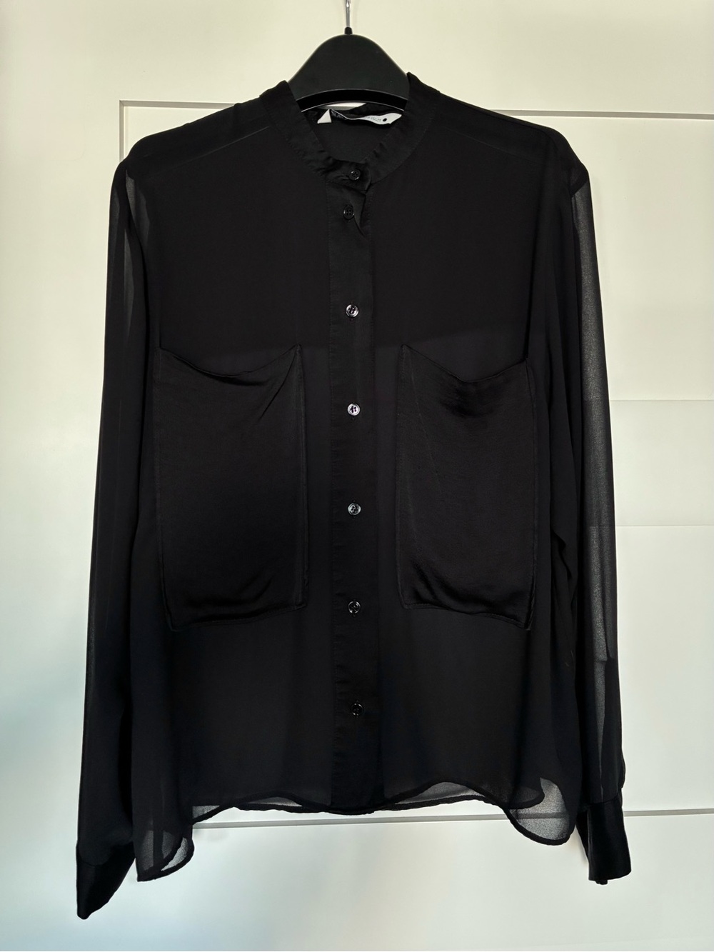 ZARA S Black Sheer Chiffon Button-Up Blouse Front Pockets